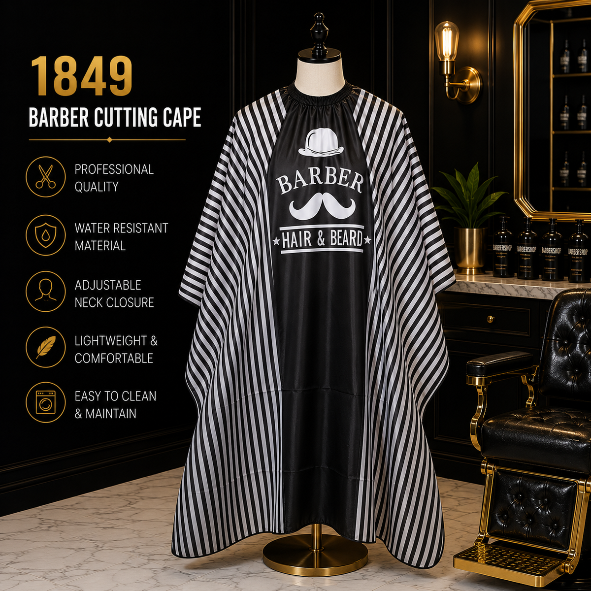 1849 Professional Barber Cutting Cape – Black & White Striped Hair & Beard Design