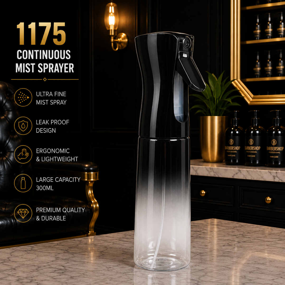 1175 Professional Continuous Mist Spray Bottle – Black & Clear