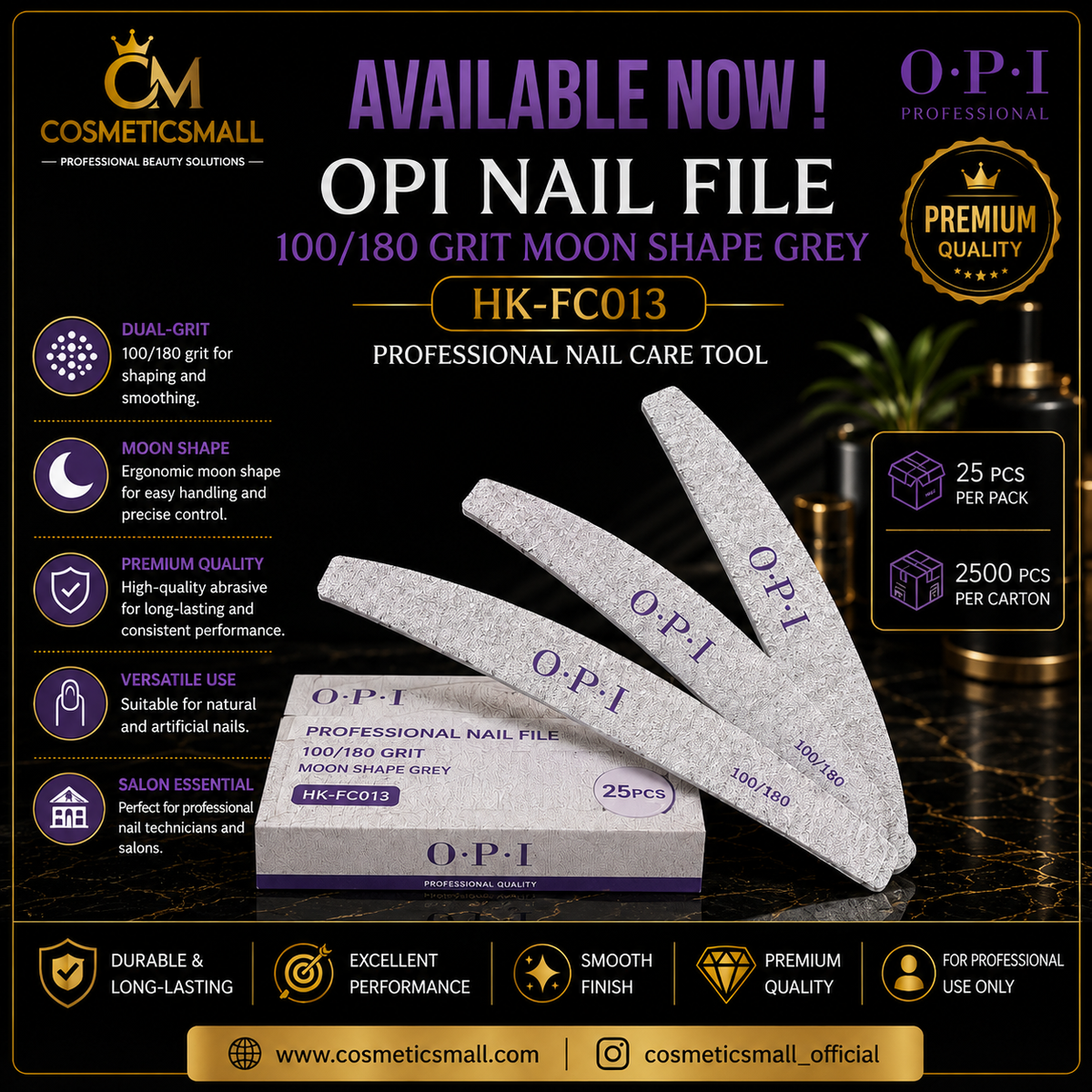 OPI Nail File 100/180 Grit Moon Shape Grey – HK-FC013 | 25 Pcs Pack