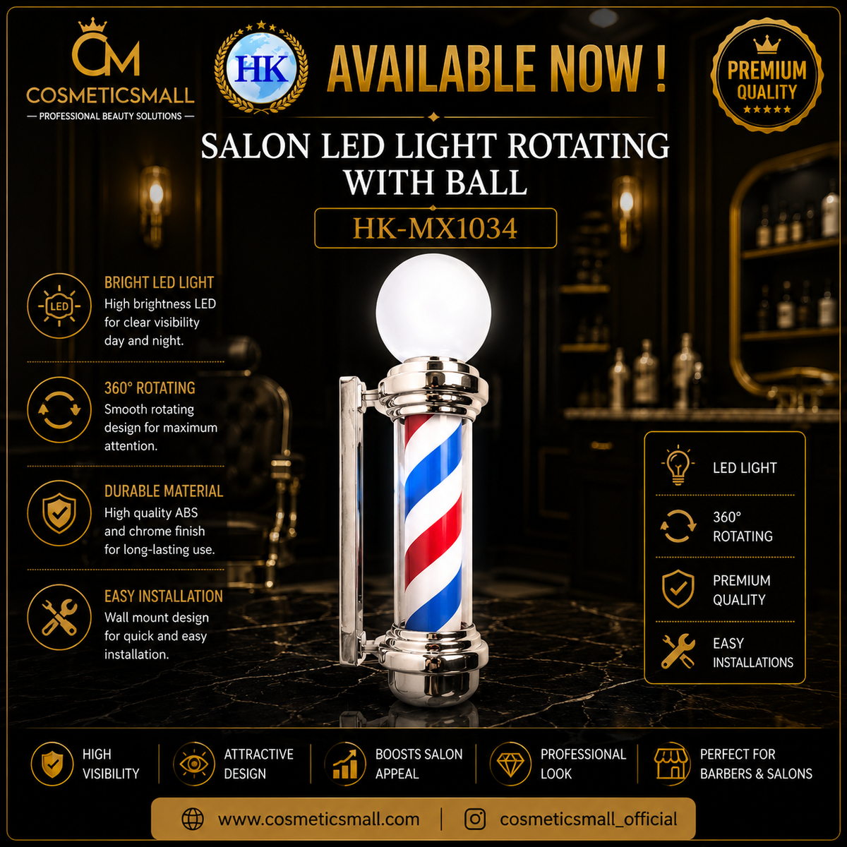 Salon LED Rotating Barber Pole Light with Globe – HK-MX1034
