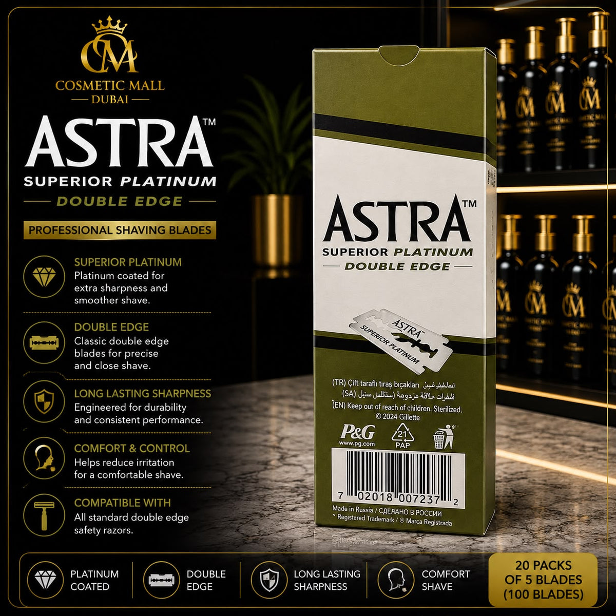 Astra Superior Platinum Double Edge Safety Razor Blades – Professional Shaving Blades, 100 Blades