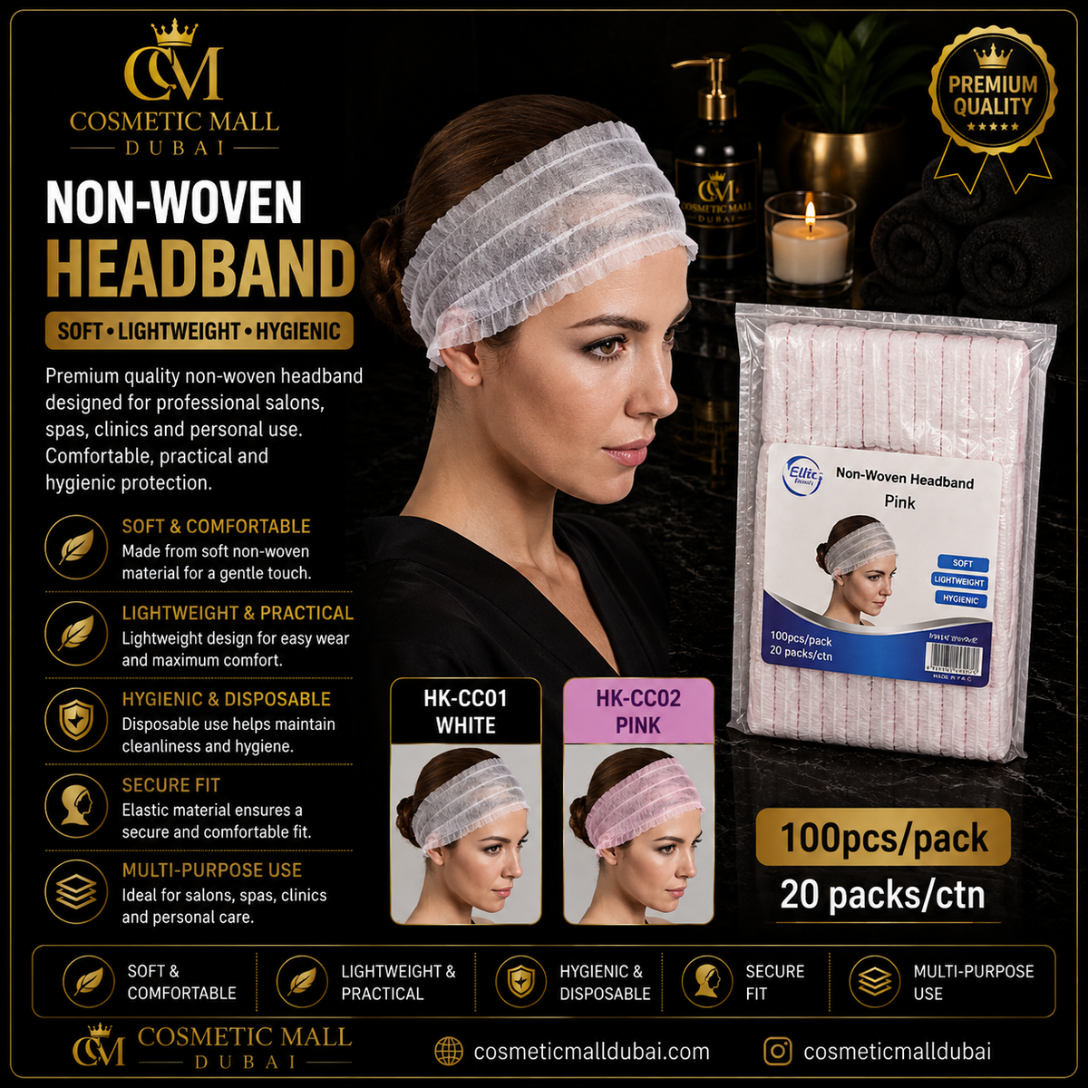 Disposable Non-Woven Headband – White & Pink | HK-CC01 / HK-CC02