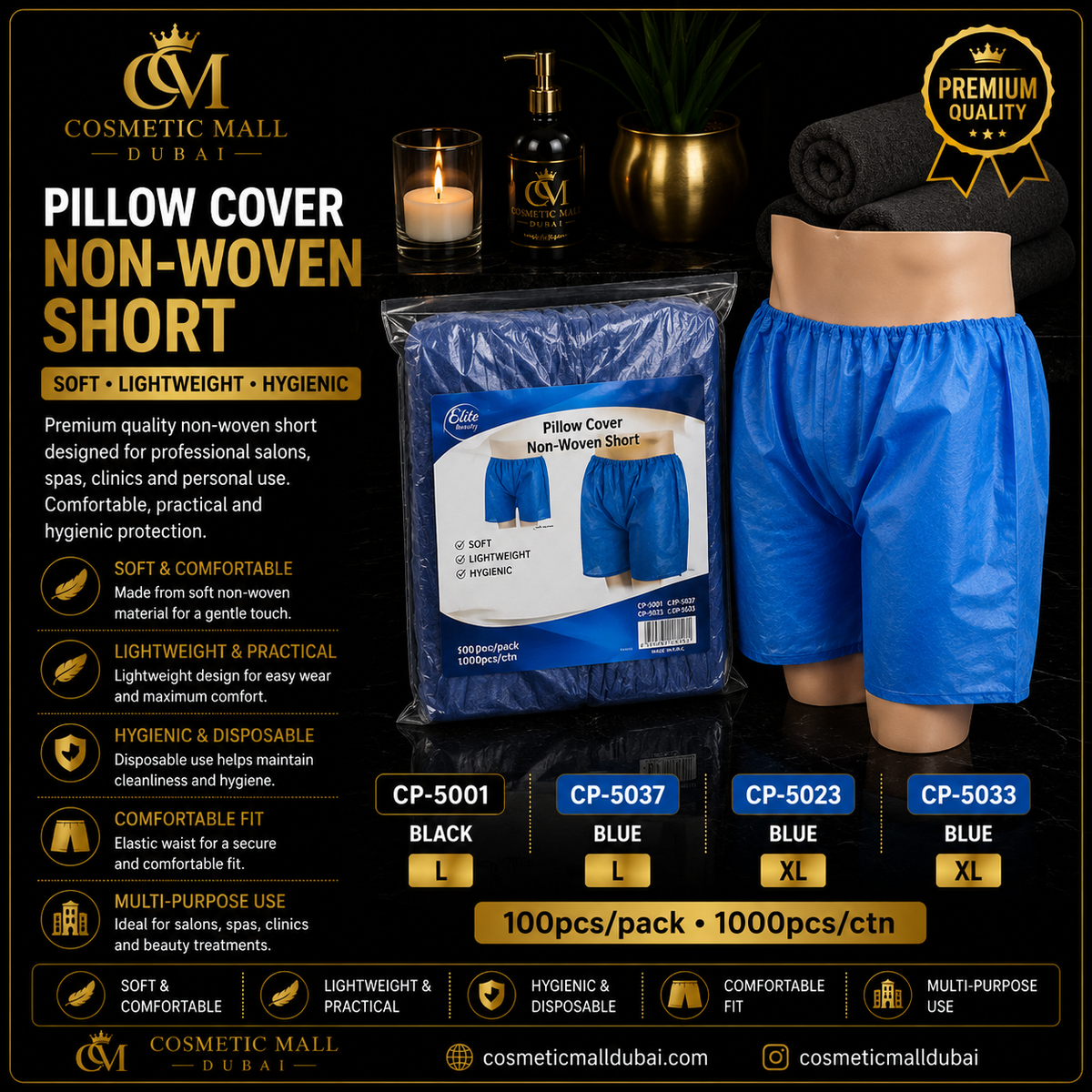 Disposable Non-Woven Shorts – Black & Blue | L / XL | 100 pcs/pack