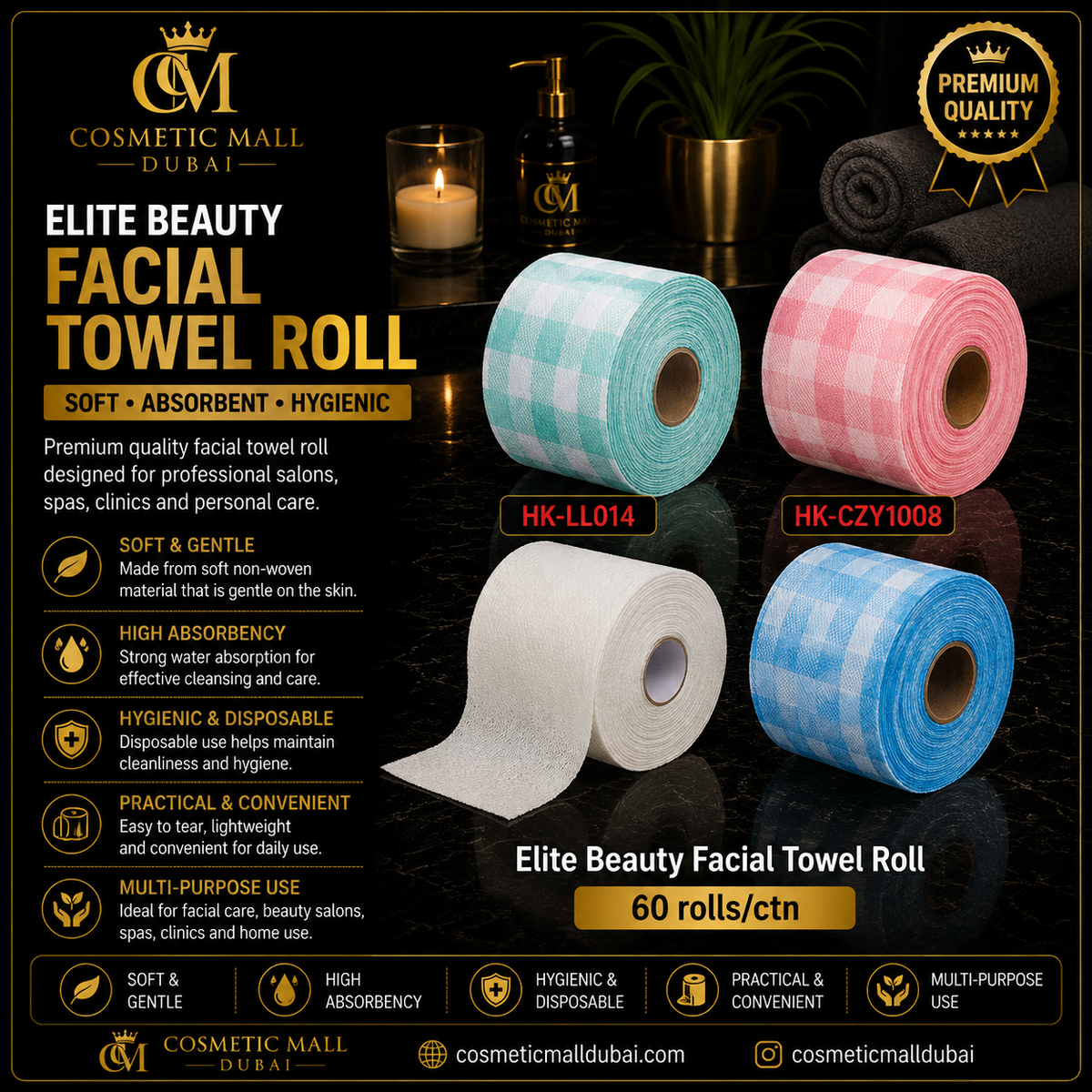 Elite Beauty Facial Towel Roll – Disposable Non-Woven Towel | 60 Rolls/Carton