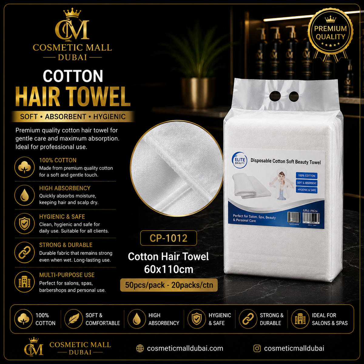 Elite Beauty Disposable Cotton Hair Towel – 60×110cm | 50pcs/Pack