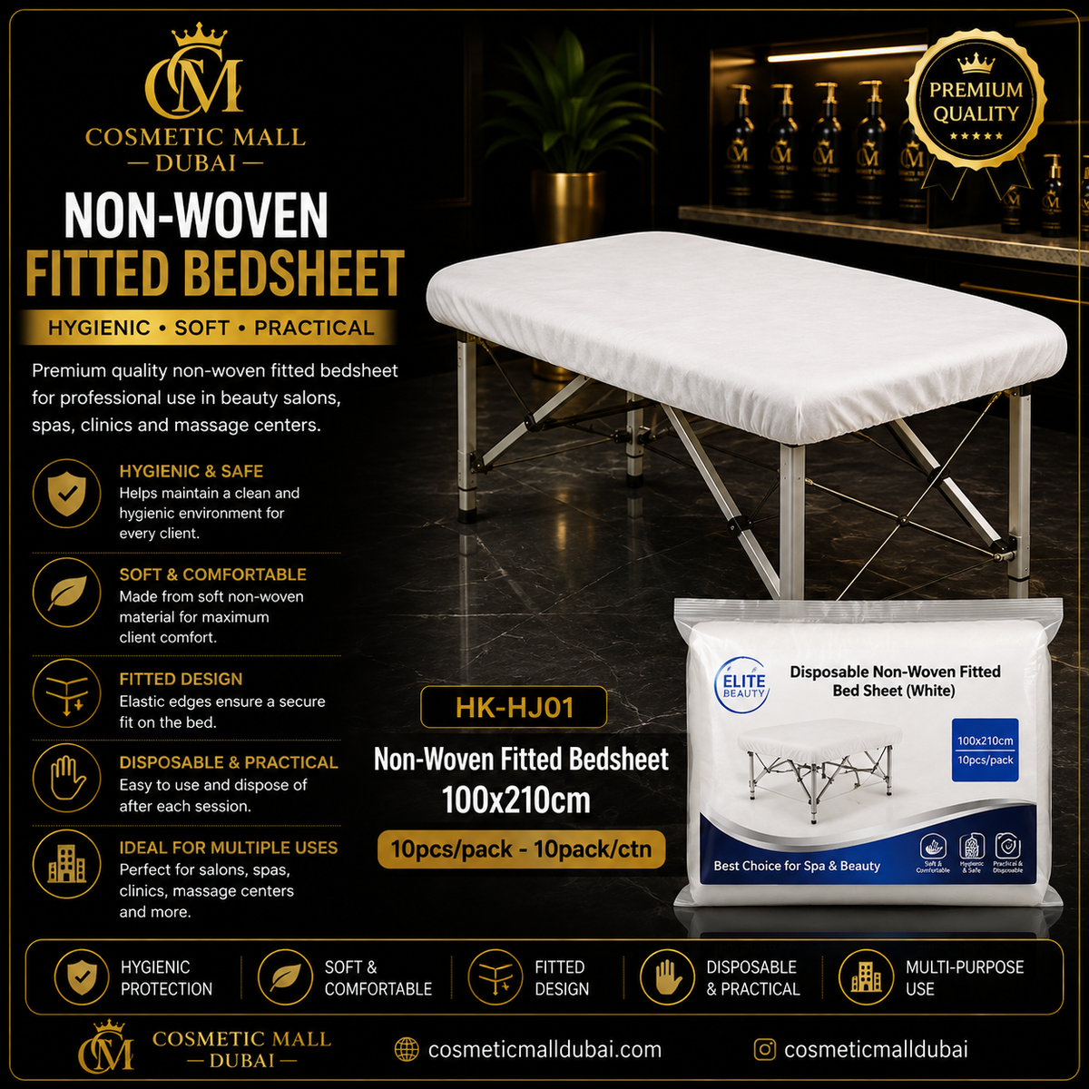 Elite Beauty Disposable Non-Woven Fitted Bedsheet – White | 100×210cm | 10pcs/Pack