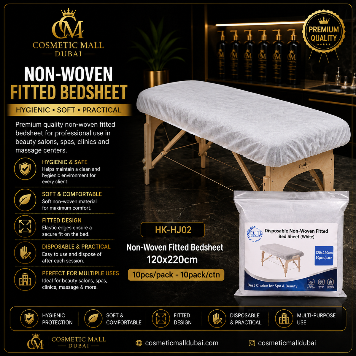 Elite Beauty Disposable Non-Woven Fitted Bedsheet – White | 120×220cm | 10pcs/Pack