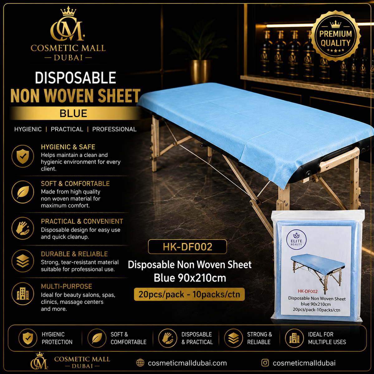 Elite Beauty Disposable Non-Woven Bed Sheet – Blue | 90×210cm | 20pcs/Pack