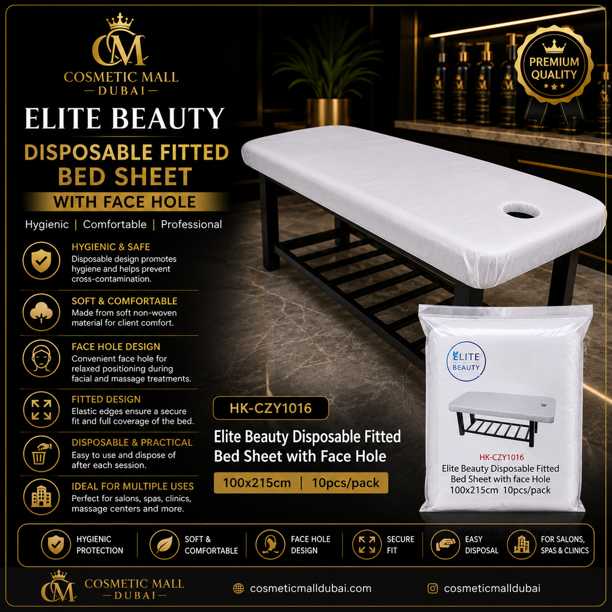 Elite Beauty Disposable Fitted Bed Sheet with Face Hole – Professional Salon & Spa Bed Cover | 100×215cm, 10pcs/Pack