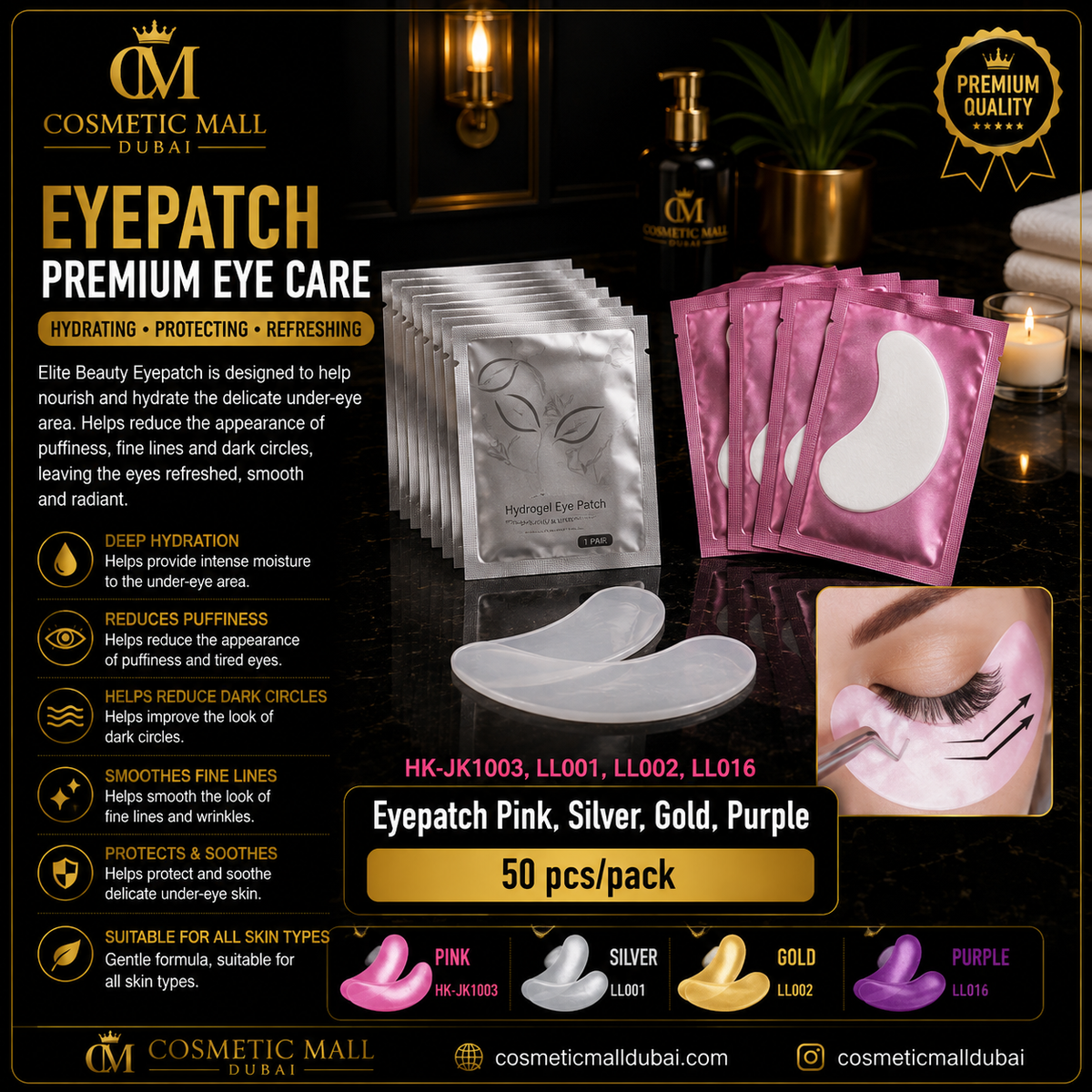 Elite Beauty Hydrogel Eyepatch – Pink, Silver, Gold & Purple | 50 Pcs/Pack