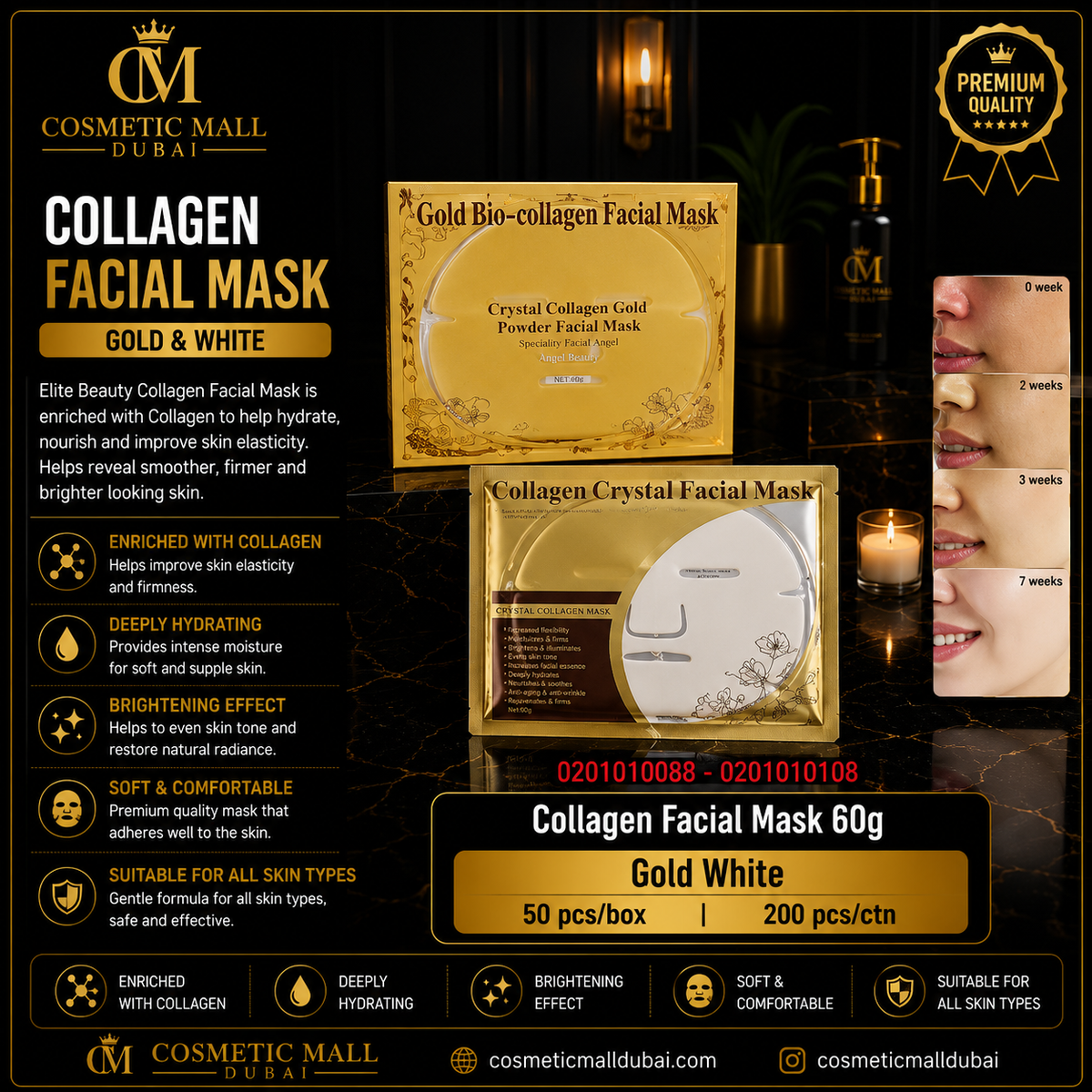 Gold Bio-Collagen Facial Mask 60g – Gold & White | 50 Pcs/Box