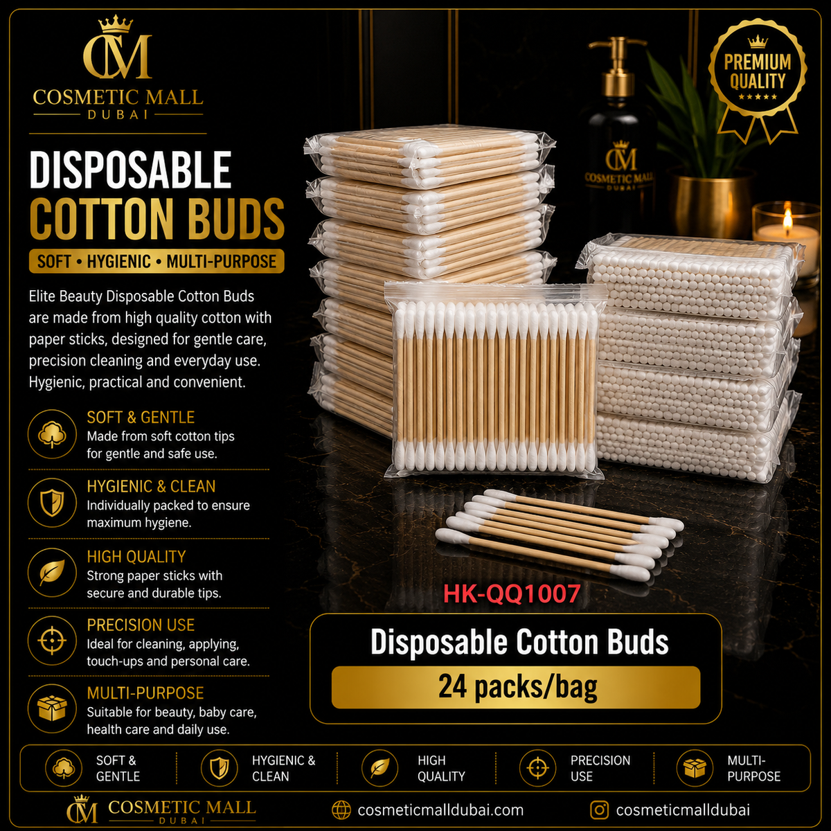 Elite Beauty Disposable Cotton Buds – HK-QQ1007 | 24 Packs/Bag