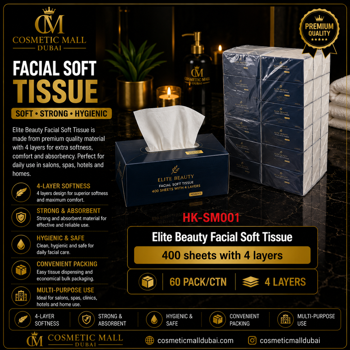 Elite Beauty Facial Soft Tissue – HK-SM001 | 400 Sheets, 4 Layers