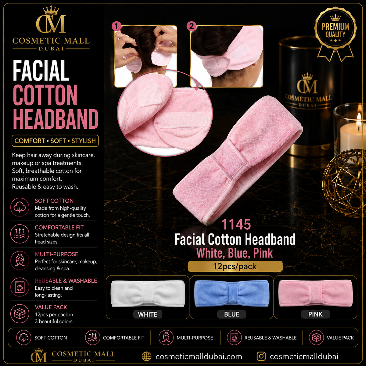 Facial Cotton Headband – 1145 | White, Blue & Pink | 12 Pcs/Pack