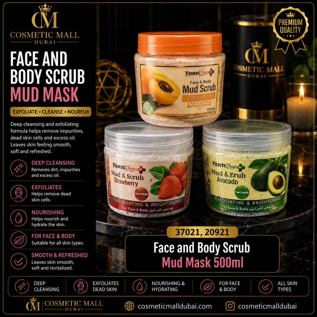 Face & Body Mud Scrub Mask – 500ml | Apricot, Strawberry & Avocado