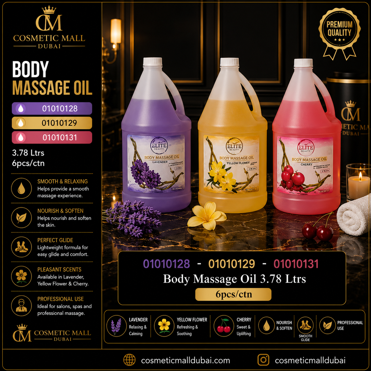 Elite Beauty Body Massage Oil – 3.78L | Lavender, Yellow Flower & Cherry