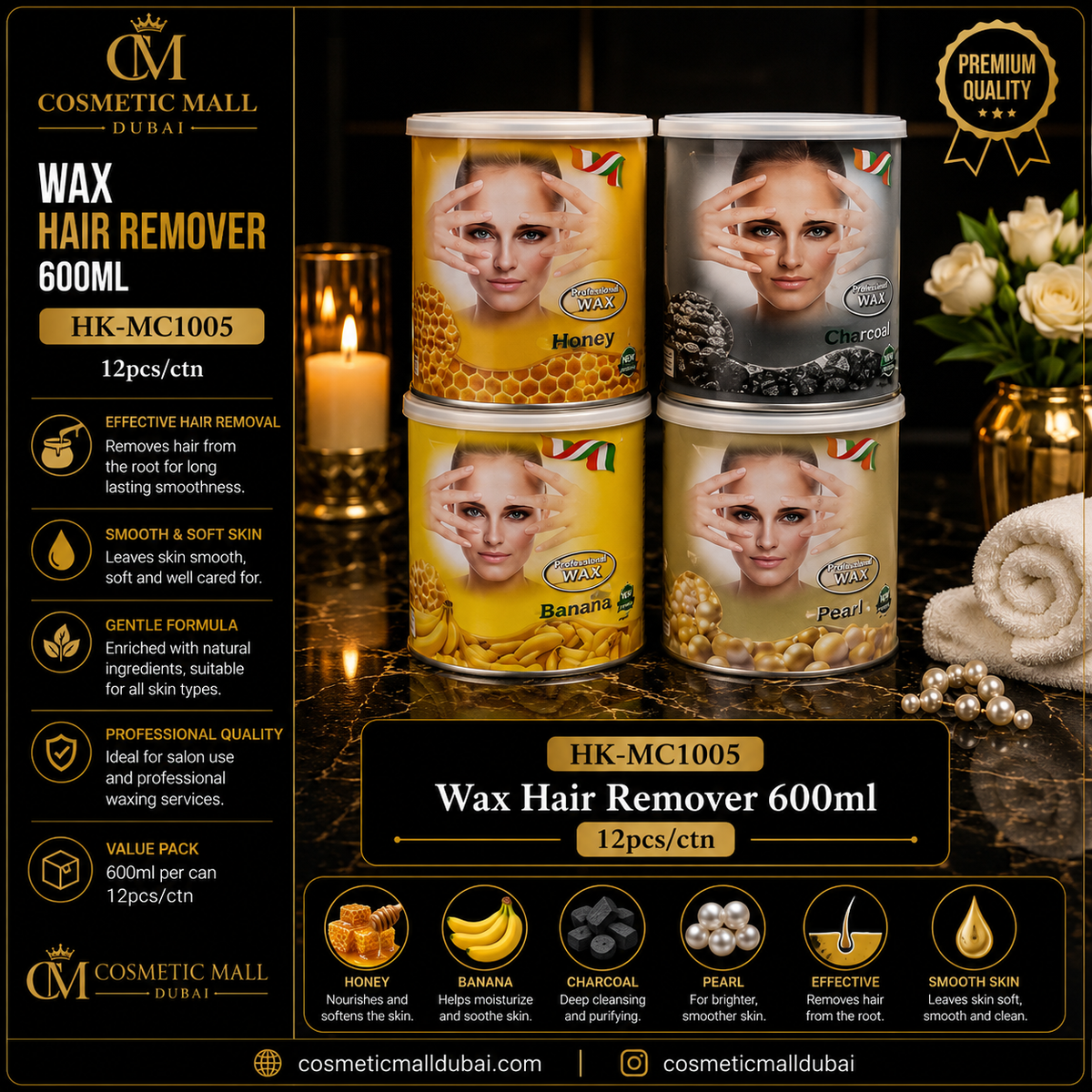 Wax Hair Remover – 600ml | HK-MC1005 | Honey, Charcoal, Banana & Pearl
