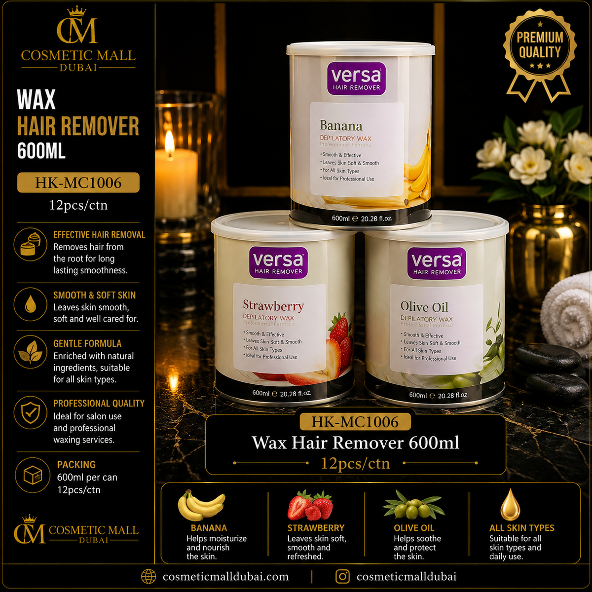 Versa Wax Hair Remover – 600ml | HK-MC1006 | Banana, Strawberry & Olive Oil