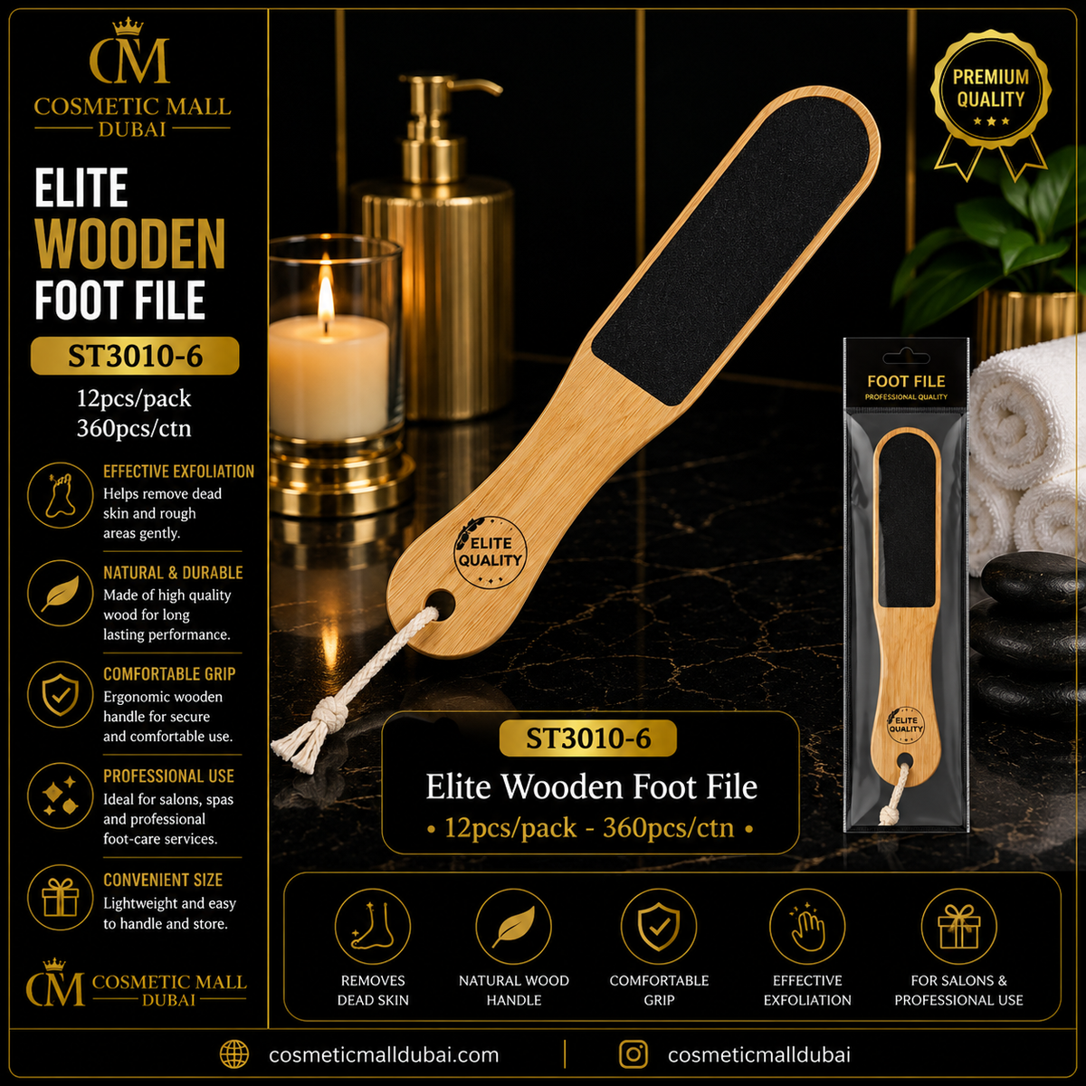 Elite Wooden Foot File – ST3010-6 | 12 Pcs/Pack