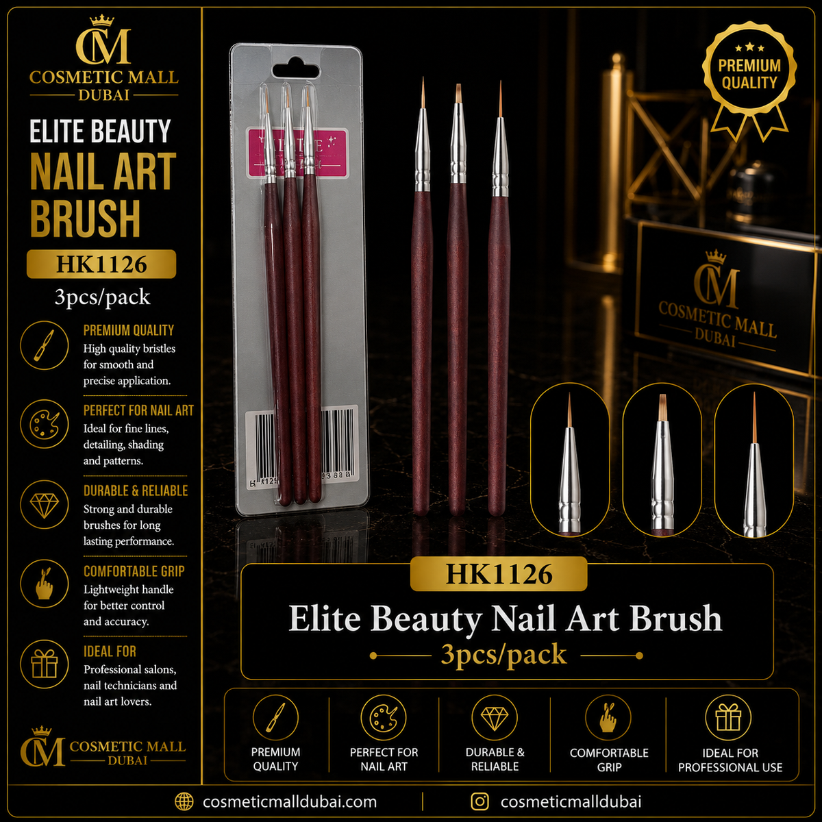 Elite Beauty Nail Art Brush – HK1126 | 3 Pcs/Pack