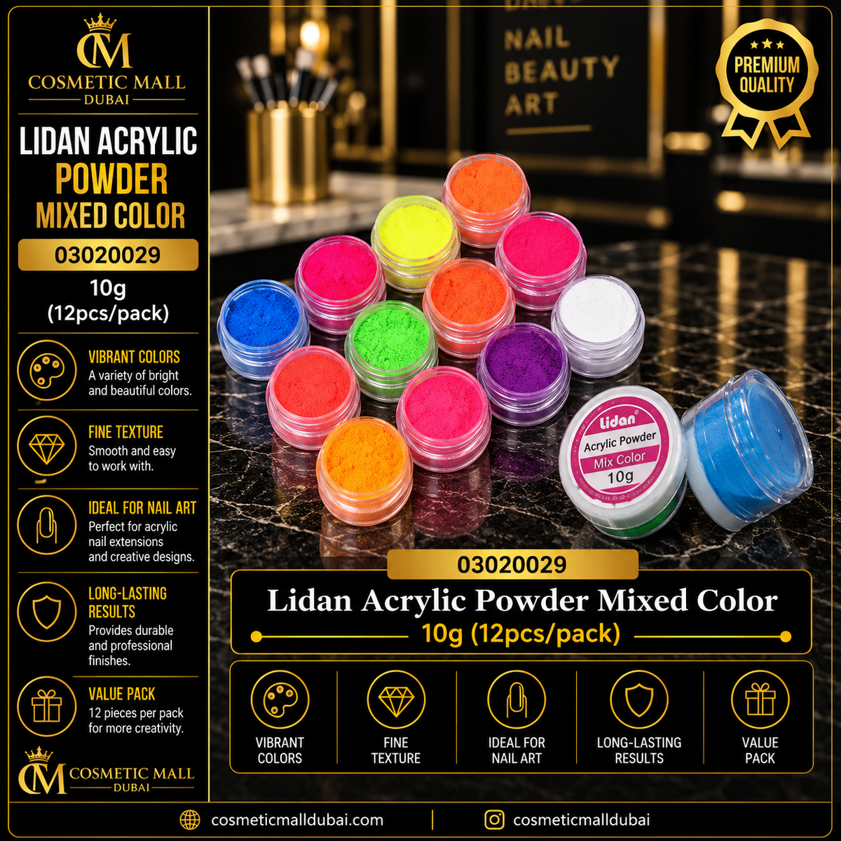 Lidan Acrylic Powder Mixed Color – 03020029 | 10g | 12 Pcs/Pack