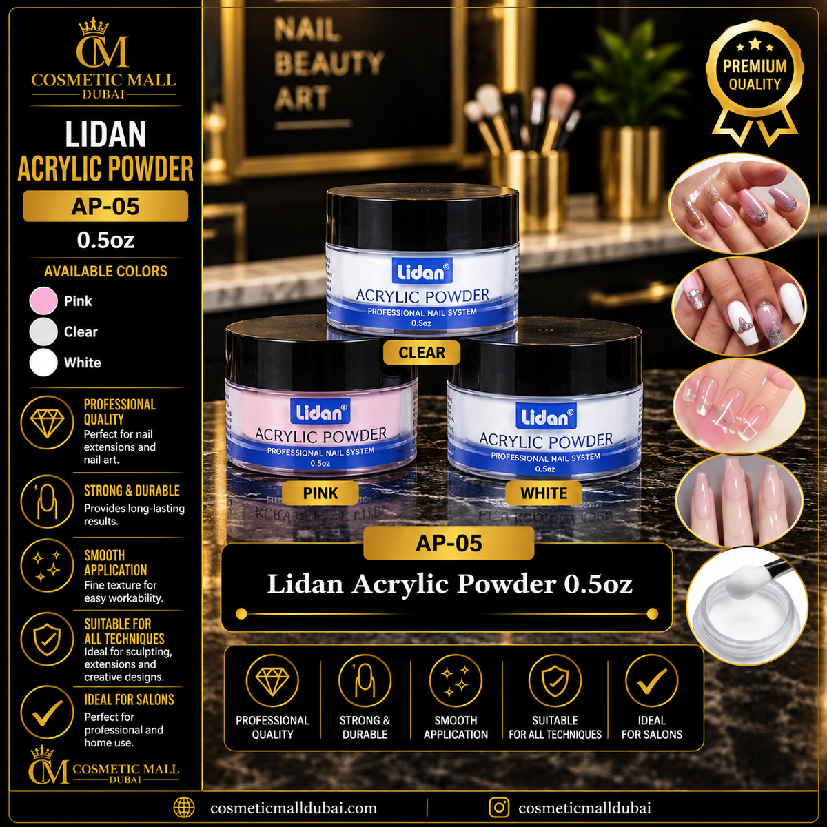 Lidan Acrylic Powder 0.5oz – AP-05 | Pink, Clear & White