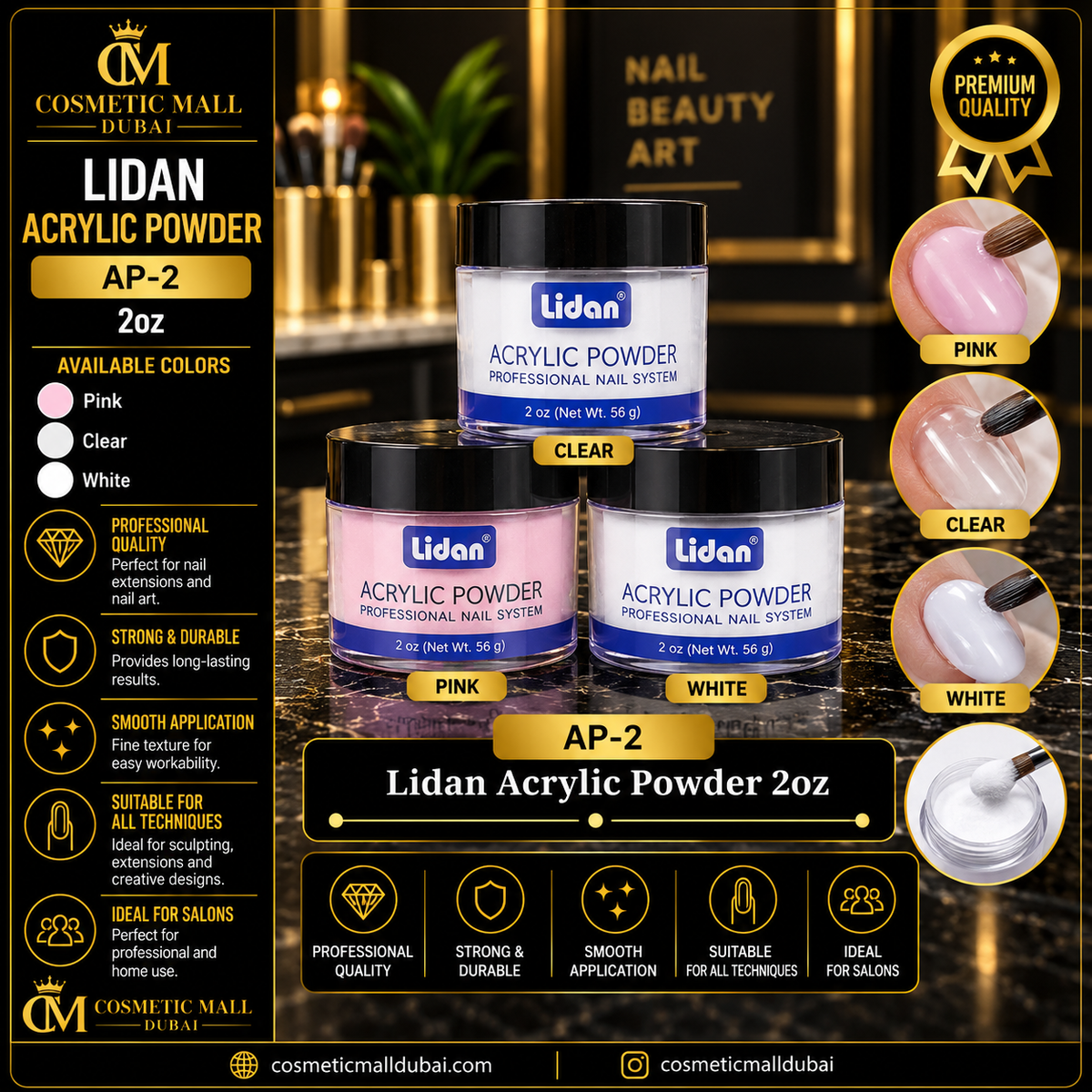 Lidan Acrylic Powder 2oz – AP-2 | Pink, Clear & White