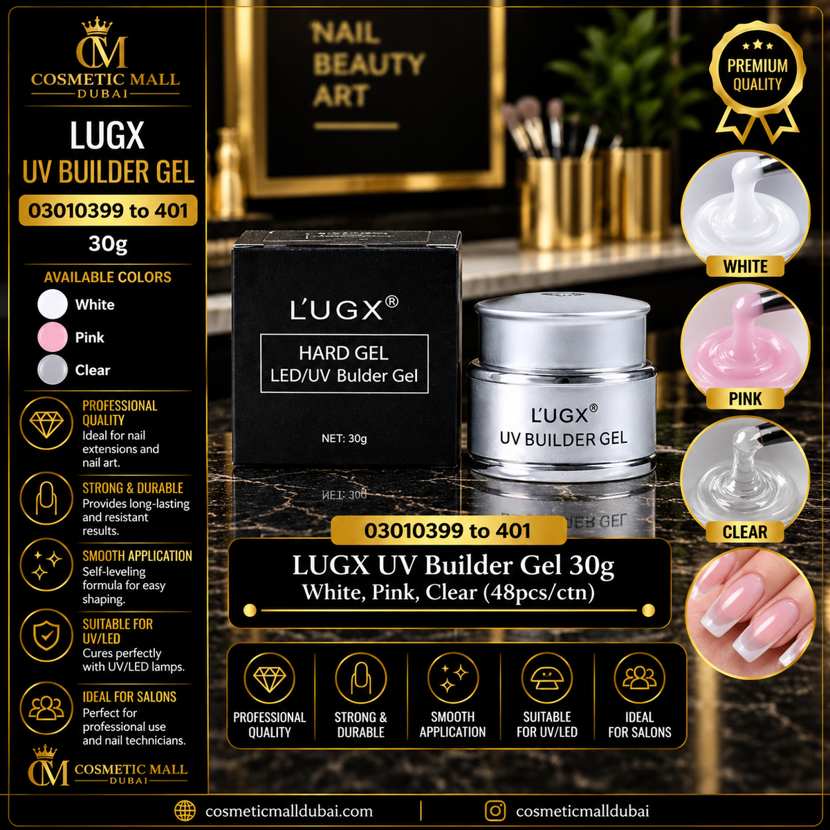 LUGX UV Builder Gel 30g – White, Pink & Clear | 03010399–03010401