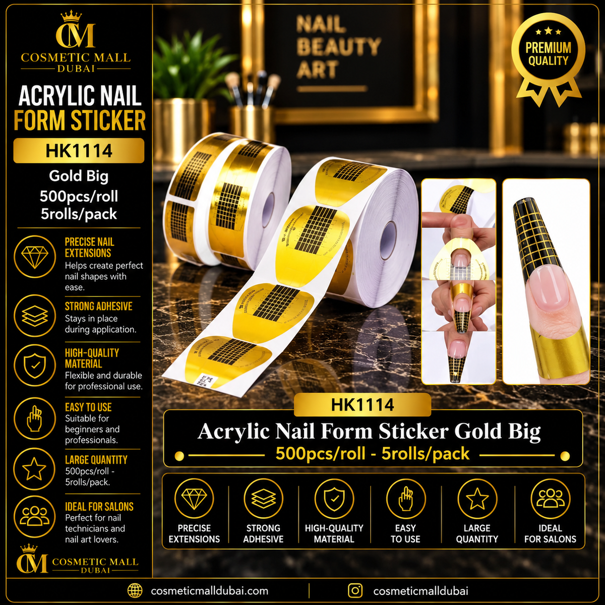 Acrylic Nail Form Sticker Gold Big – HK1114 | 500 Pcs/Roll