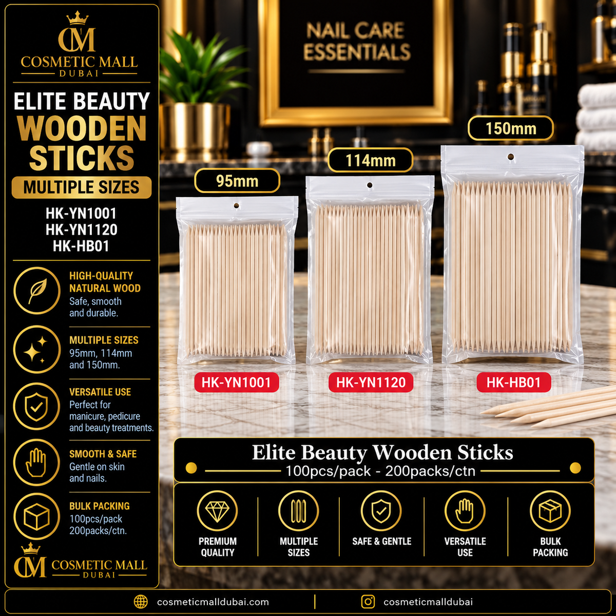 Elite Beauty Wooden Sticks – 95mm / 114mm / 150mm | 100 Pcs/Pack