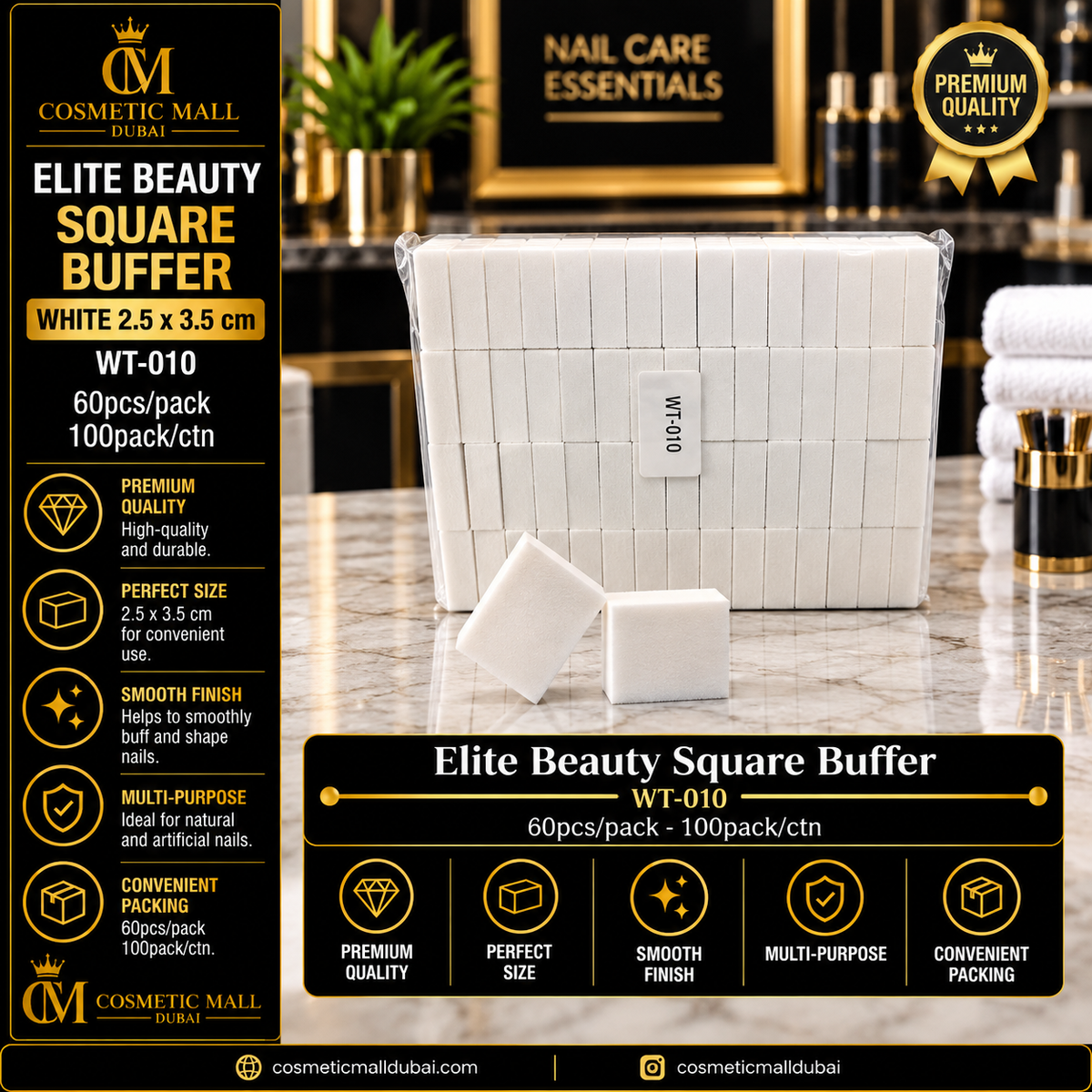 Elite Beauty Square Buffer White 2.5 × 3.5cm – WT-010 | 60 Pcs/Pack