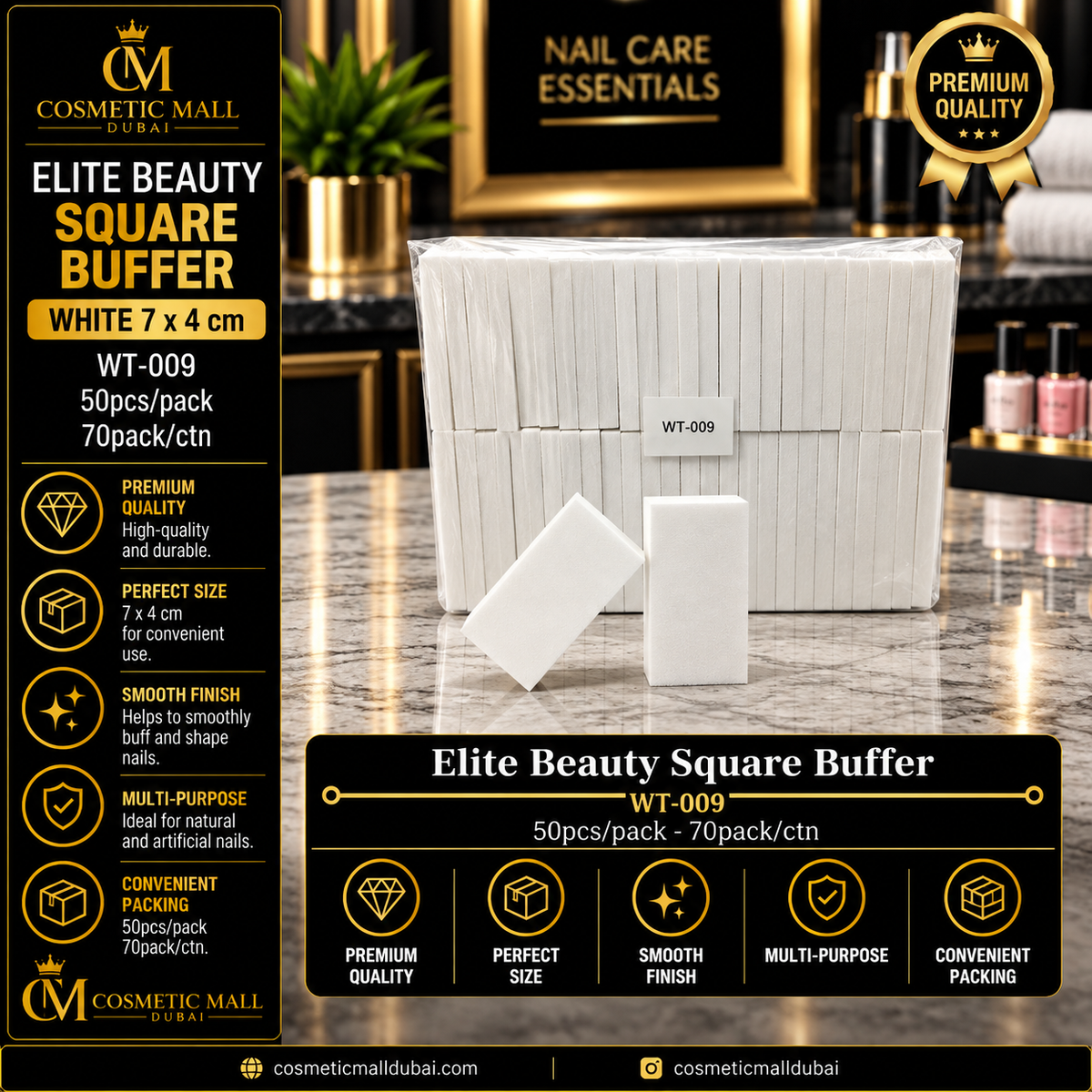 Elite Beauty Square Buffer White 7 × 4cm – WT-009 | 50 Pcs/Pack