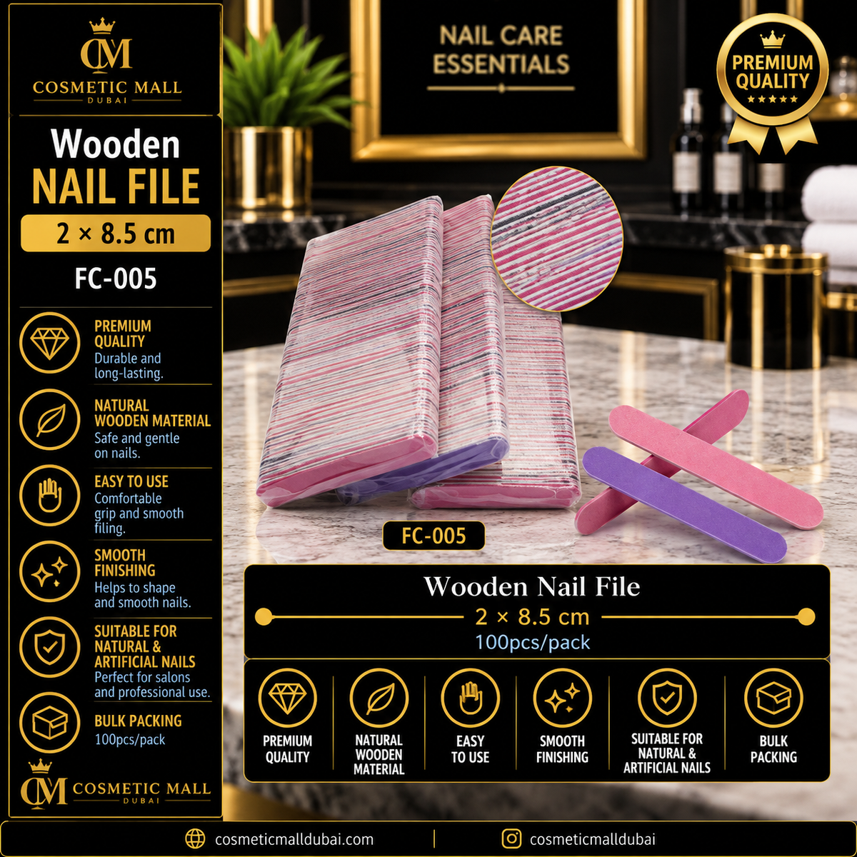 SunShine Wooden Nail File 2 × 8.5cm – FC-005 | 100 Pcs/Pack