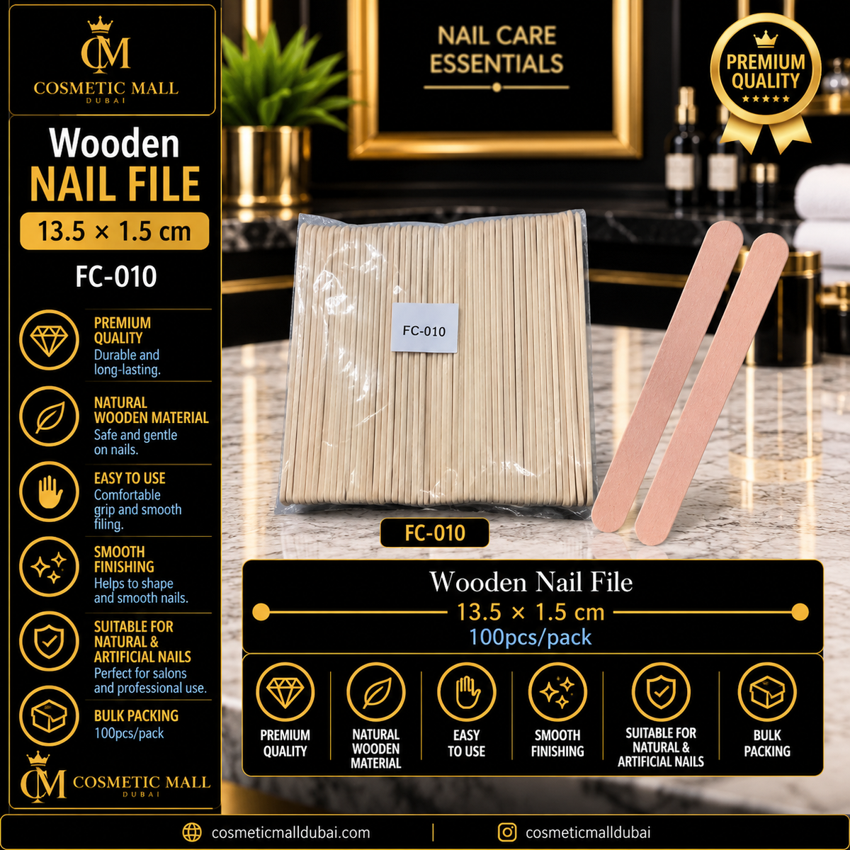 Wooden Nail File 13.5 × 1.5cm – FC-010 | 100 Pcs/Pack