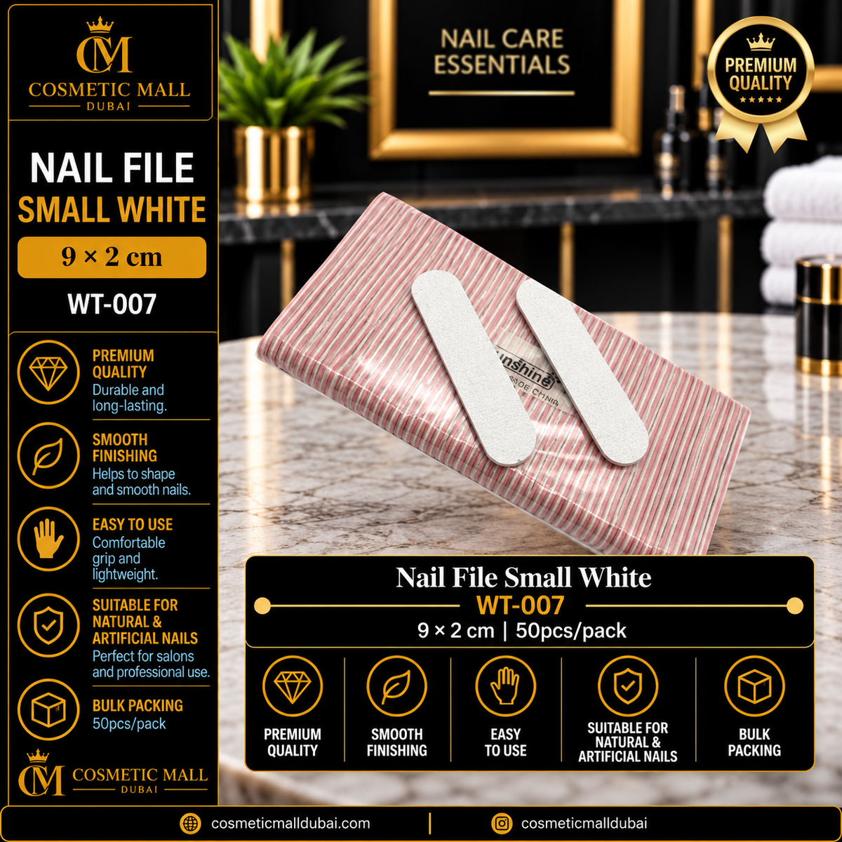Nail File Small White 9 × 2cm – WT-007 | 50 Pcs/Pack
