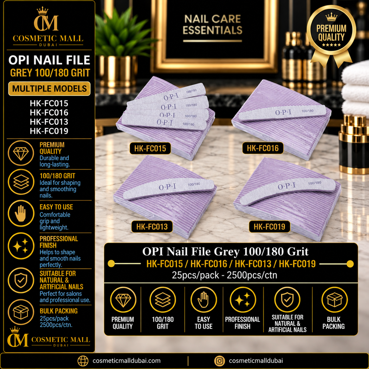 OPI Nail File Grey 100/180 Grit – HK-FC015 / HK-FC016 / HK-FC013 / HK-FC019 | 25 Pcs/Pack