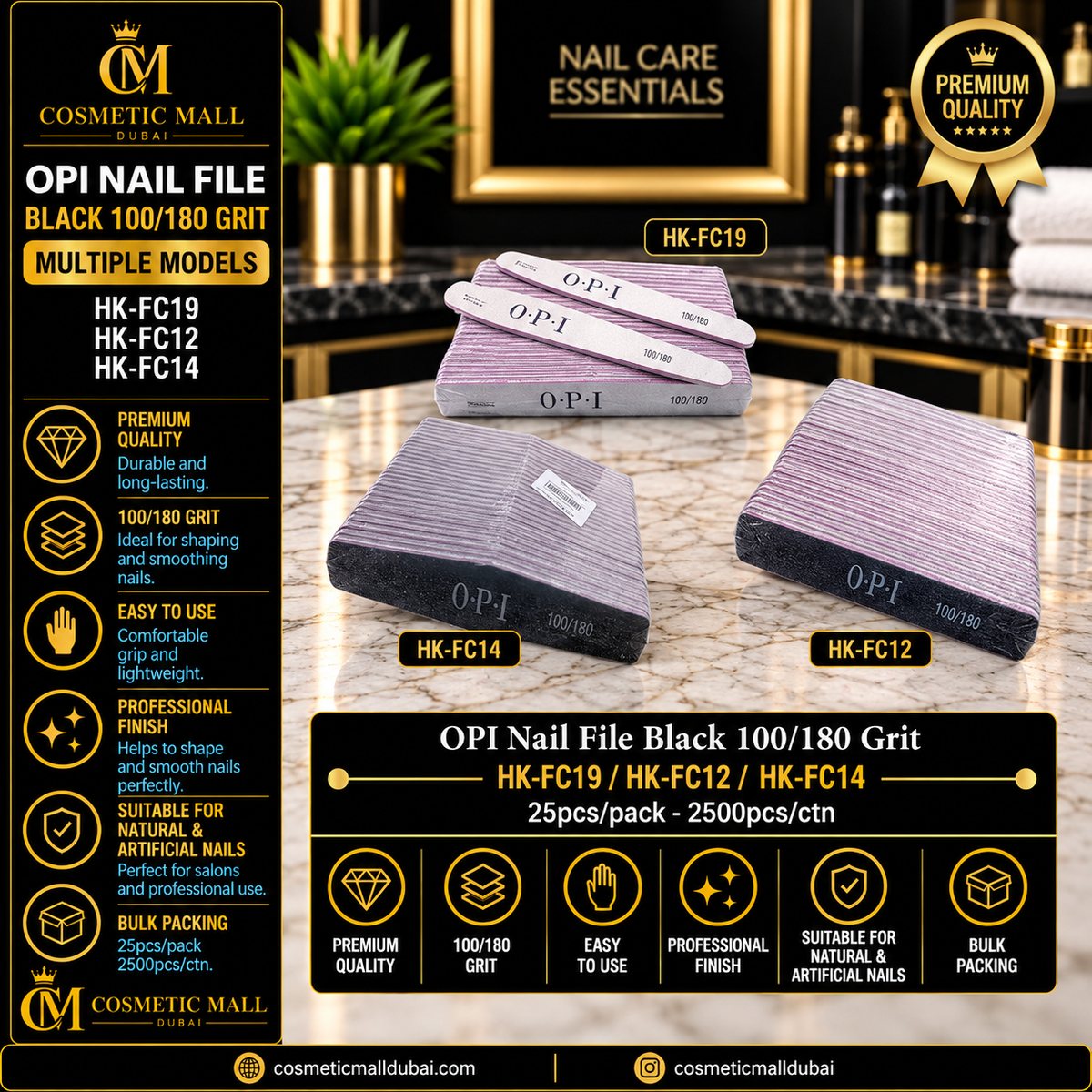 OPI Nail File Black 100/180 Grit – HK-FC12 / HK-FC14 / HK-FC19 | 25 Pcs/Pack