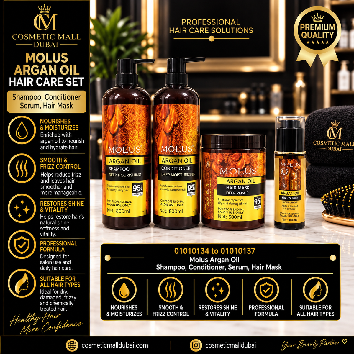 Molus Argan Oil Hair Care Set – Shampoo, Conditioner, Serum & Hair Mask | 01010134–01010137