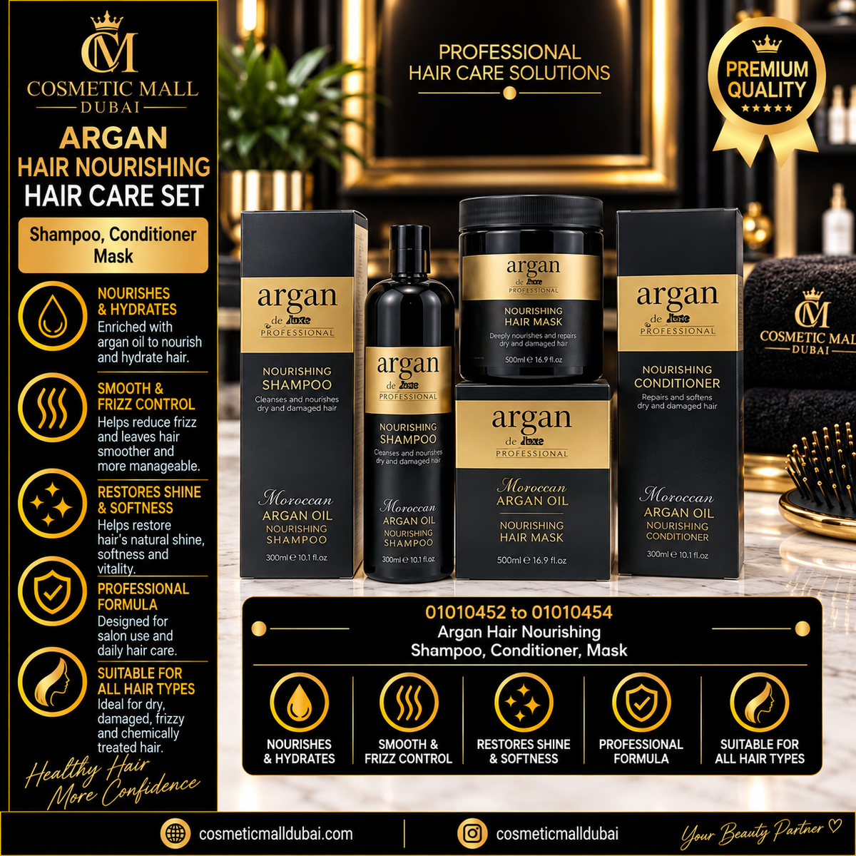 Argan Hair Nourishing Set – Shampoo, Conditioner & Hair Mask | 01010452–01010454