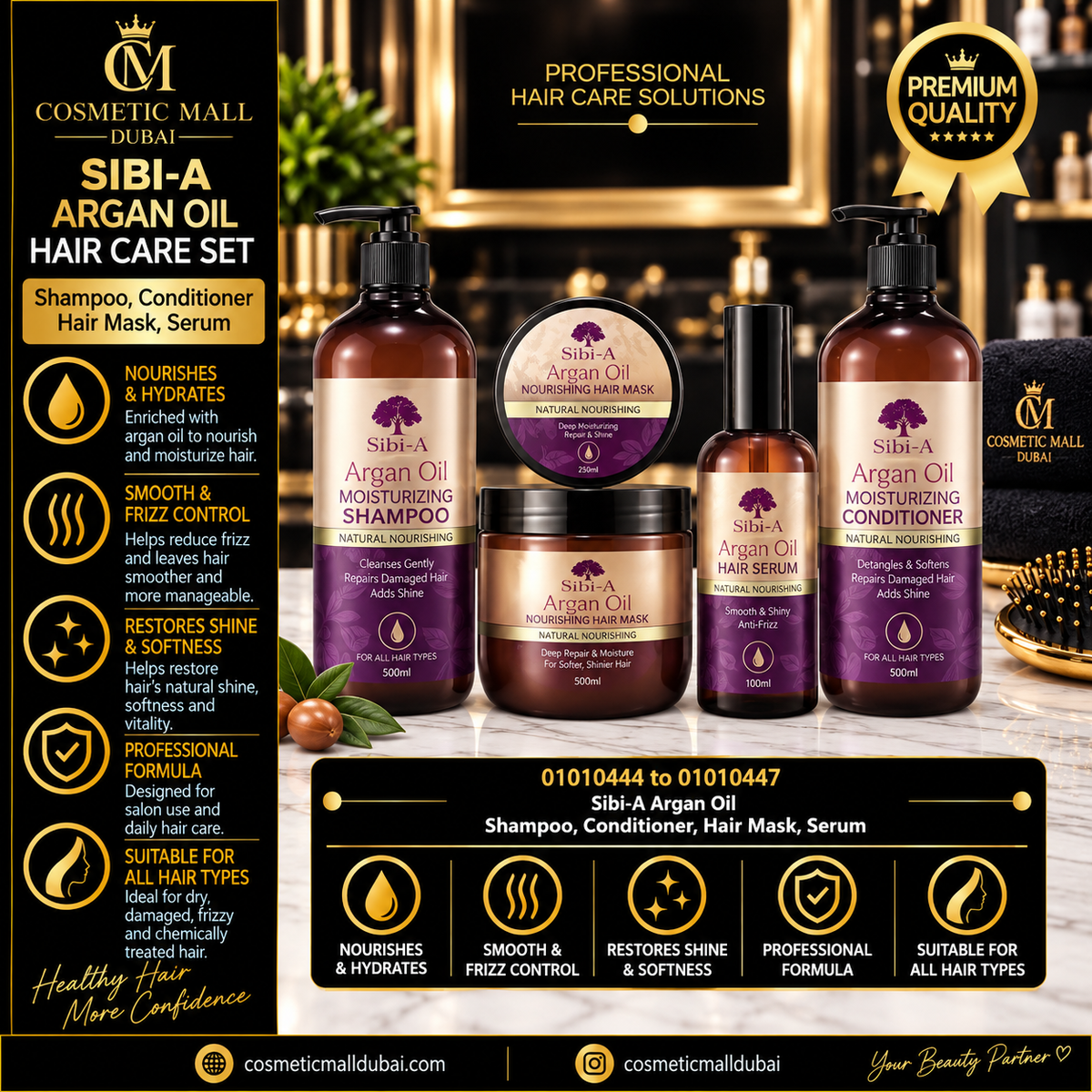 Sibi-A Argan Oil Hair Care Set – Shampoo, Conditioner, Hair Mask & Serum | 01010444–01010447