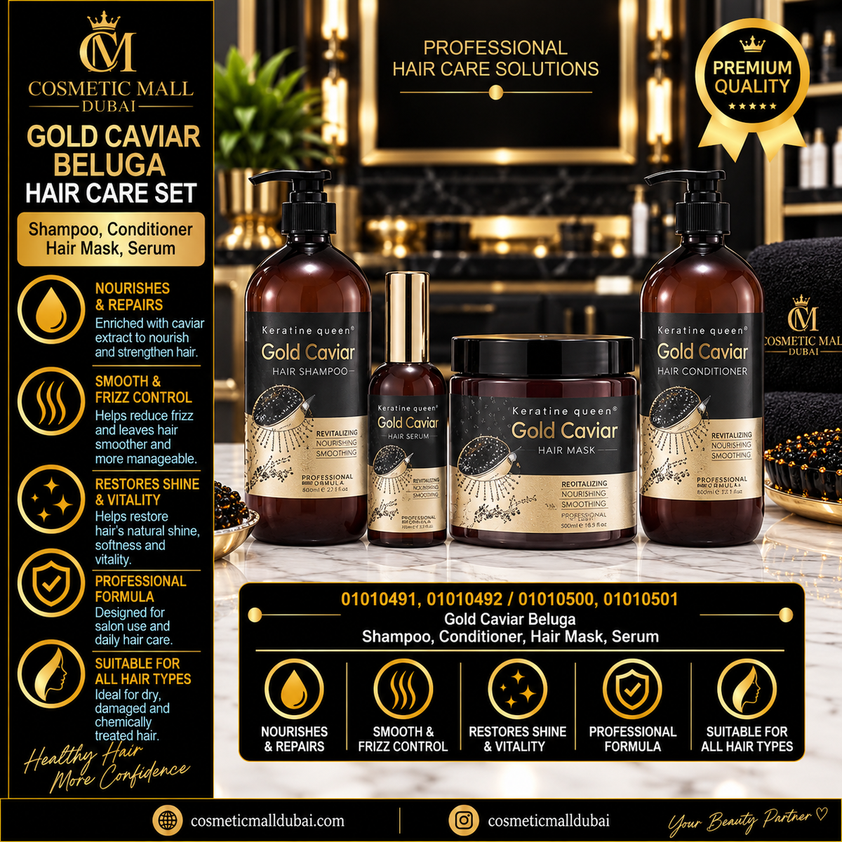 Keratine Queen Gold Caviar Beluga Hair Care Set – Shampoo, Conditioner, Hair Mask & Serum | 01010491–01010501