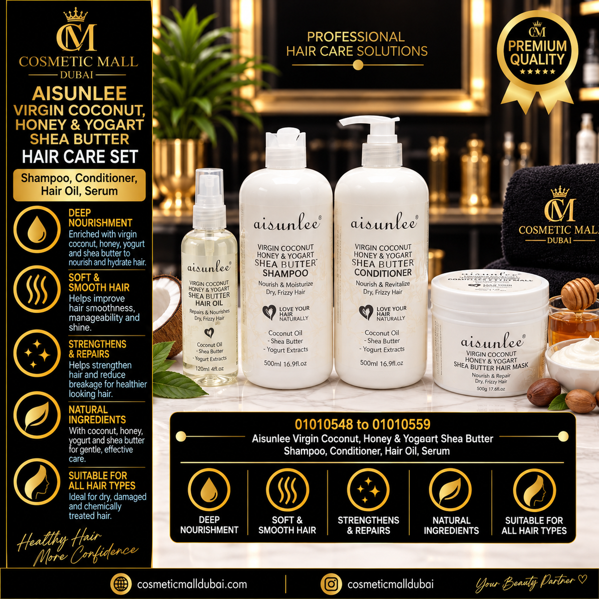 Aisunlee Virgin Coconut, Honey & Yogurt Shea Butter Hair Care Set – Shampoo, Conditioner, Hair Oil & Serum | 01010548–01010559