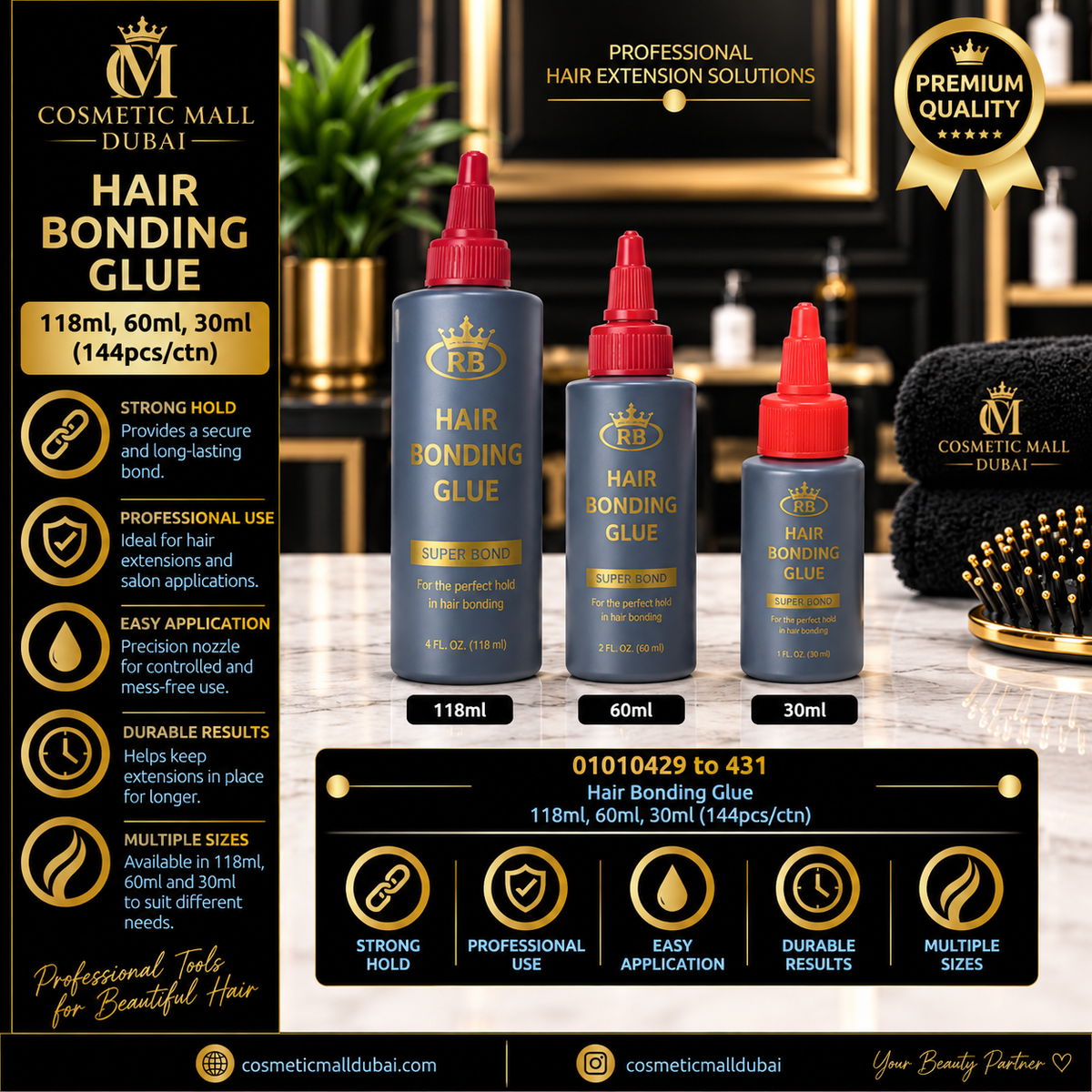 Hair Bonding Glue 118ml / 60ml / 30ml – 144 Pcs/Ctn | 01010429–01010431