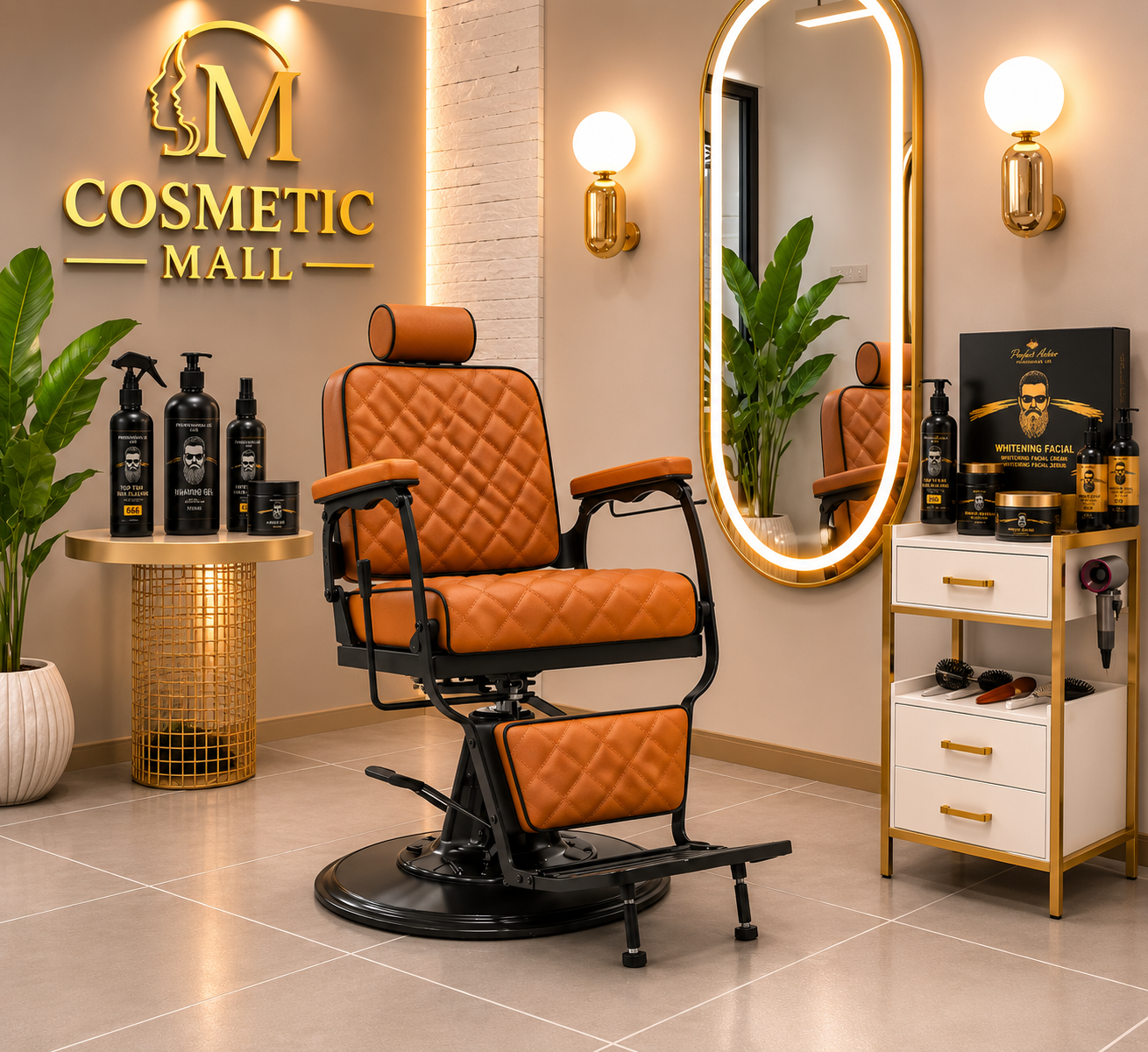An orange quilted salon barber chair with black metal base, shown in a styled spa-like beauty salon interior with gold wall lighting, a mirror, plants, and cosmetic products. A large 'COSMETIC MALL' sign is visible on the wall.