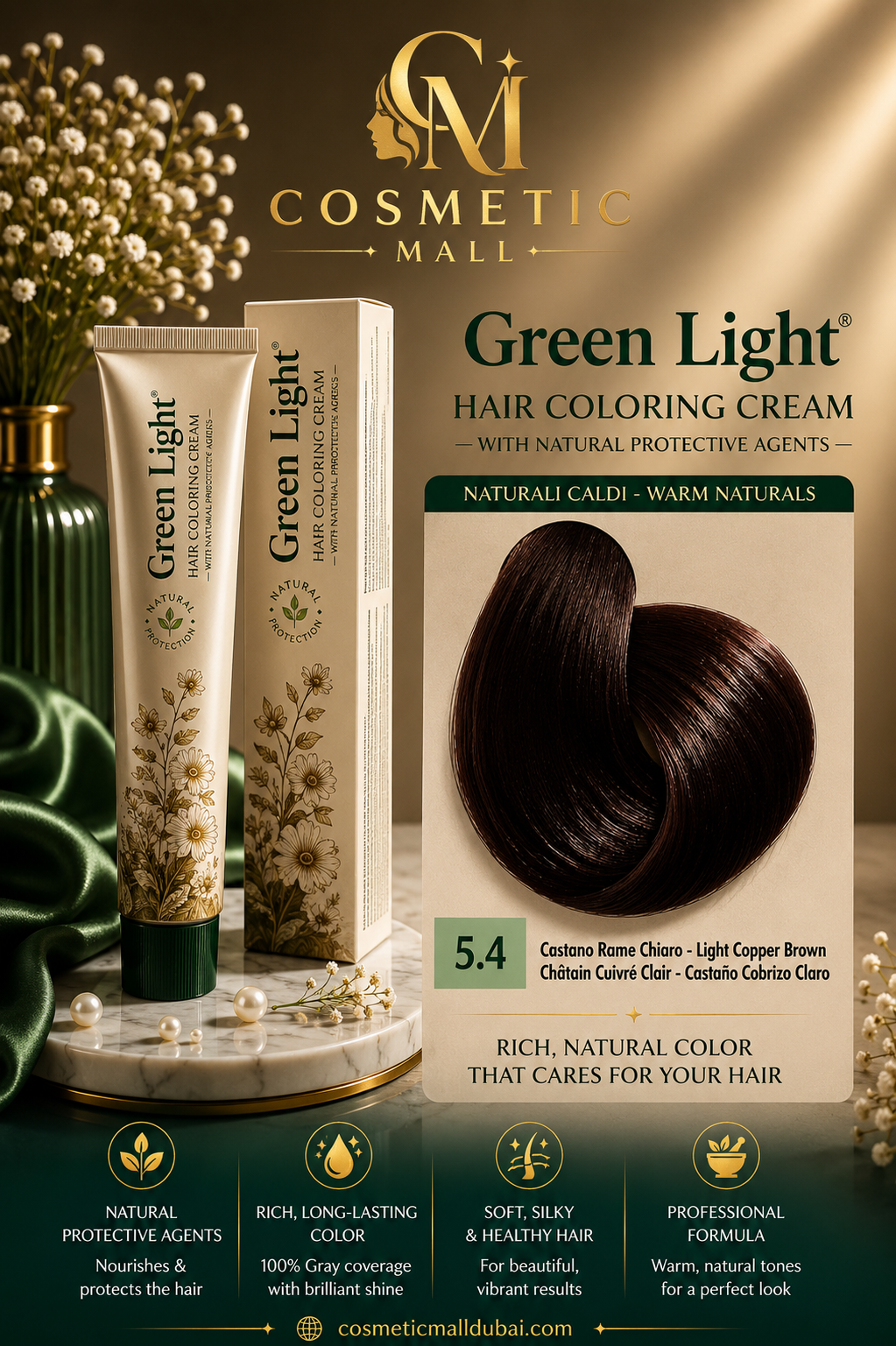 Green Light Hair Coloring Cream 5.4 Light Copper Brown | Professional Permanent Hair Color