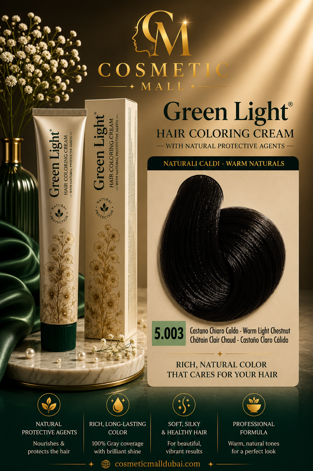 Green Light Hair Coloring Cream 5.003 Warm Light Chestnut | Professional Permanent Hair Color